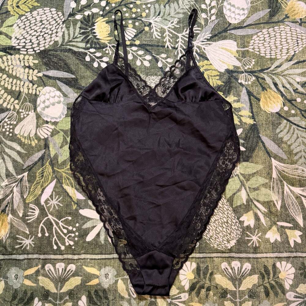 Vintage Avon Fashions Black Lace Trim Satin Teddy Bodysuit